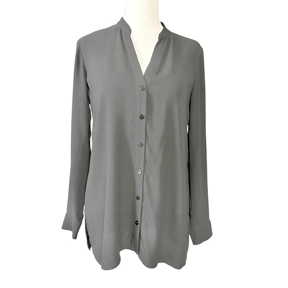 Eileen Fisher Silk Tunic Top Womens 2XS Black V Neck Button Up Long Sleeve